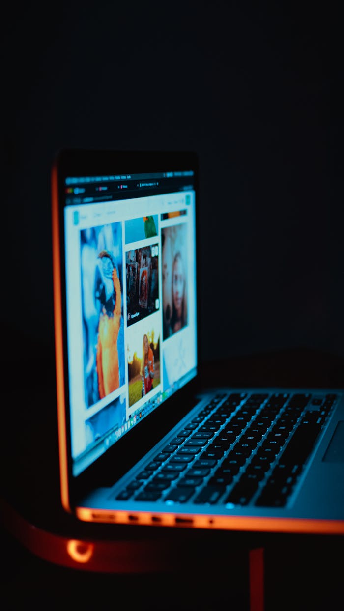 portfolio-05 A laptop screen showing pictures in a dimly lit room, highlighting digital era browsing.